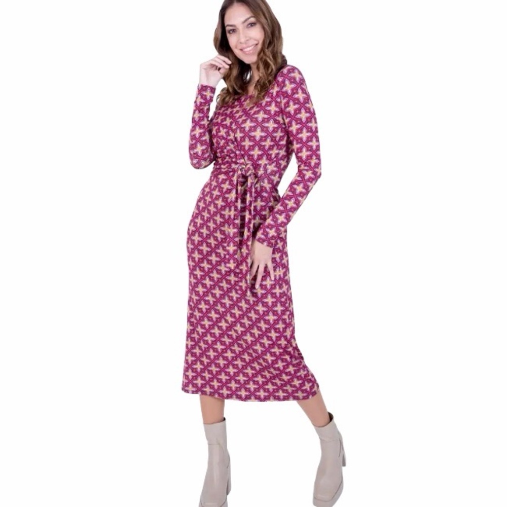 Long Tall Sally fushcia geo print belted midi dress - Picture 7 of 13